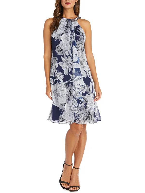 Womens Embellished Knee-Length Cocktail And Party Dress Satin Halter Glamorous
