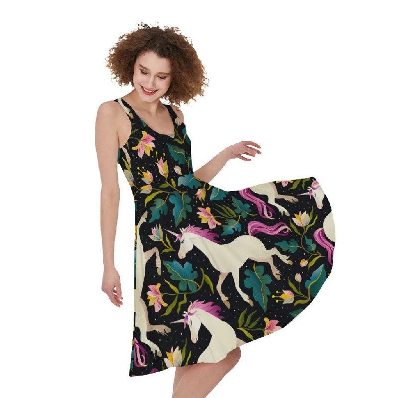 Night Floral Unicorn Pattern Print Sleeveless Knee Length Dress Tunics Seasonal trendy