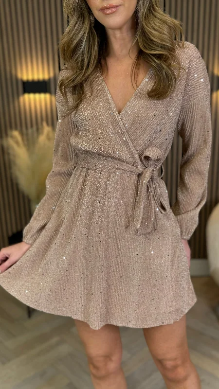 Christina Champagne Sequin Detail Long Sleeve Mini Dress Elegant Lace Mini Dress