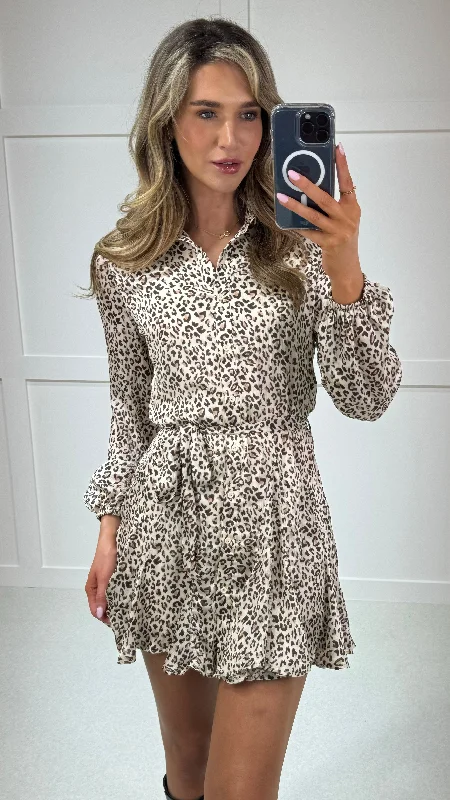 Annie Black & Beige Leopard Printed Shirt Mini Dress Cozy Sweater Mini Dress