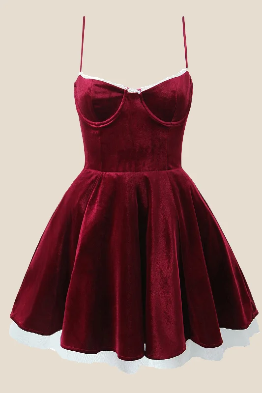 Spaghetti Straps Burgundy Velvet Mini Dress Cozy Cotton Mini Dress
