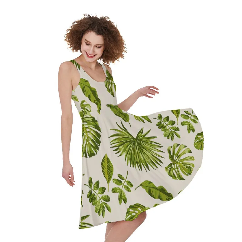 Light Tropical Leaf Pattern Print Sleeveless Knee Length Dress Tunics Plaid country