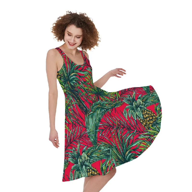 Pineapple Leaves Hawaii Pattern Print Sleeveless Knee Length Dress Tunics Fashionable trendy Pineapple Leaves Hawaii Pattern Print Sleeveless Knee Length Dress Tunics Fashionable trendy