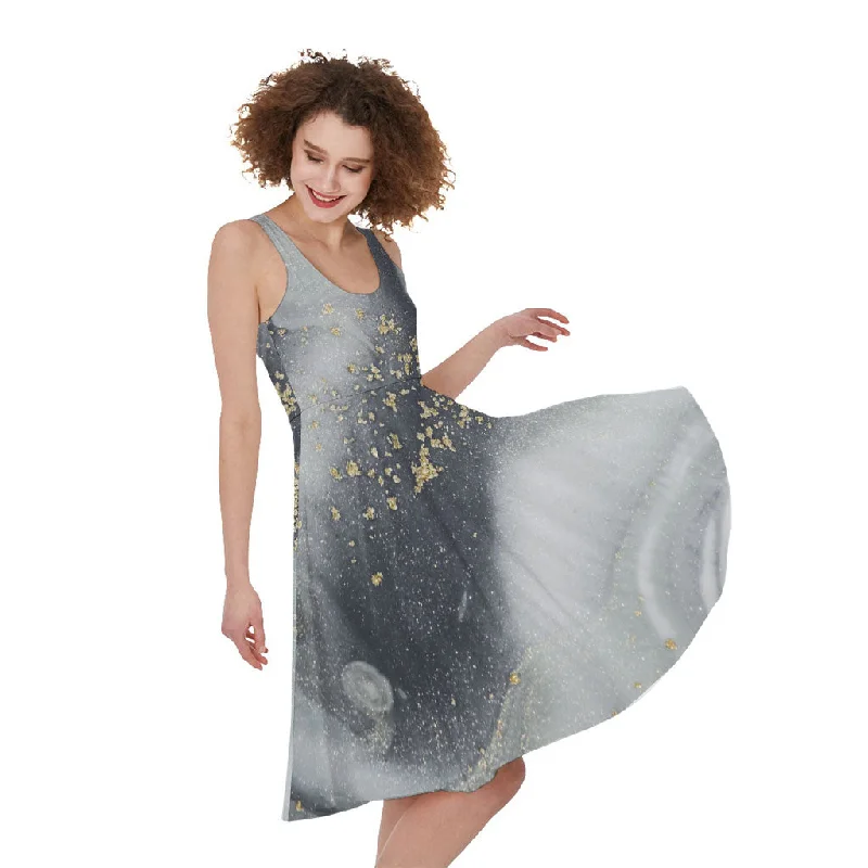 Grey Gold Liquid Marble Print Sleeveless Knee Length Dress Pencil Office Professional Grey Gold Liquid Marble Print Sleeveless Knee Length Dress Pencil Office Professional