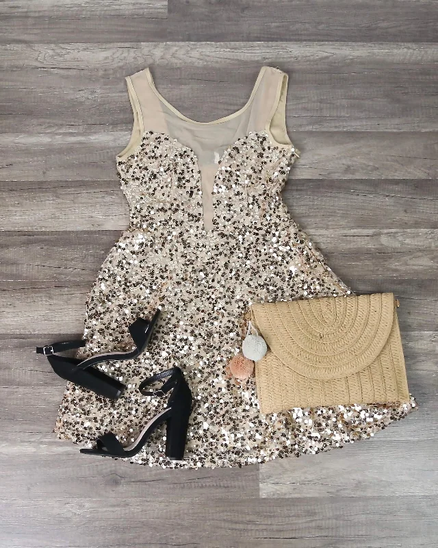 Midnight Rendezvous Gold Sequin Darling Party Dress in Gold Pencil Length Work