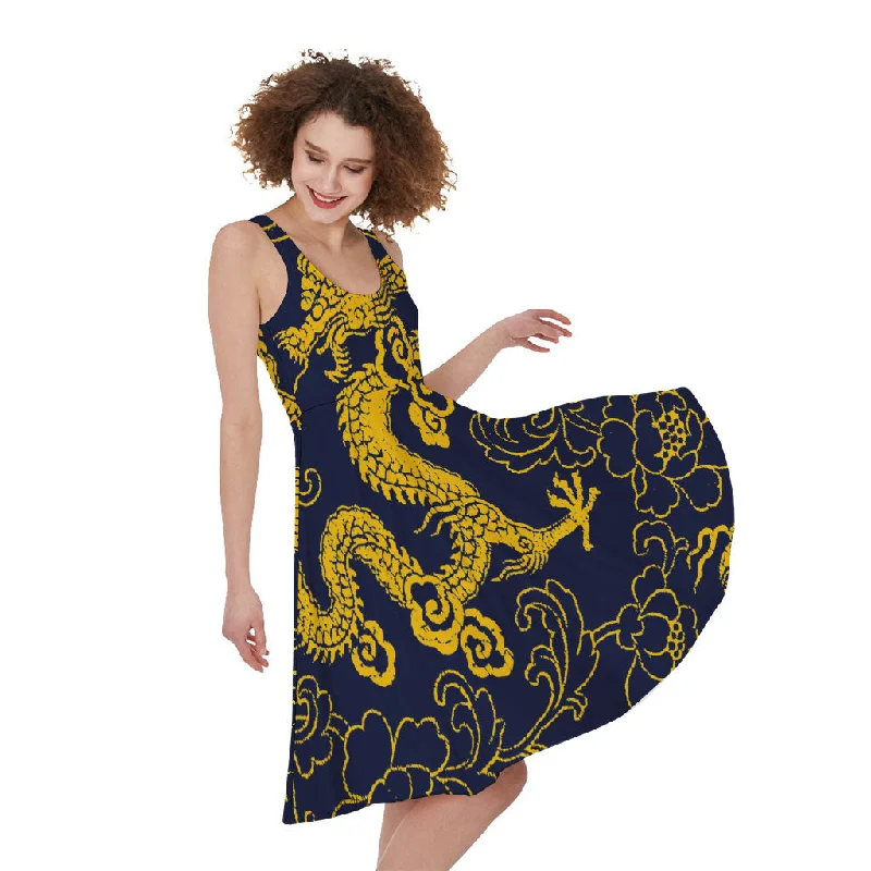 Gold Japanese Dragon Pattern Print Sleeveless Knee Length Dress Tunics Stylish elegant Gold Japanese Dragon Pattern Print Sleeveless Knee Length Dress Tunics Stylish elegant