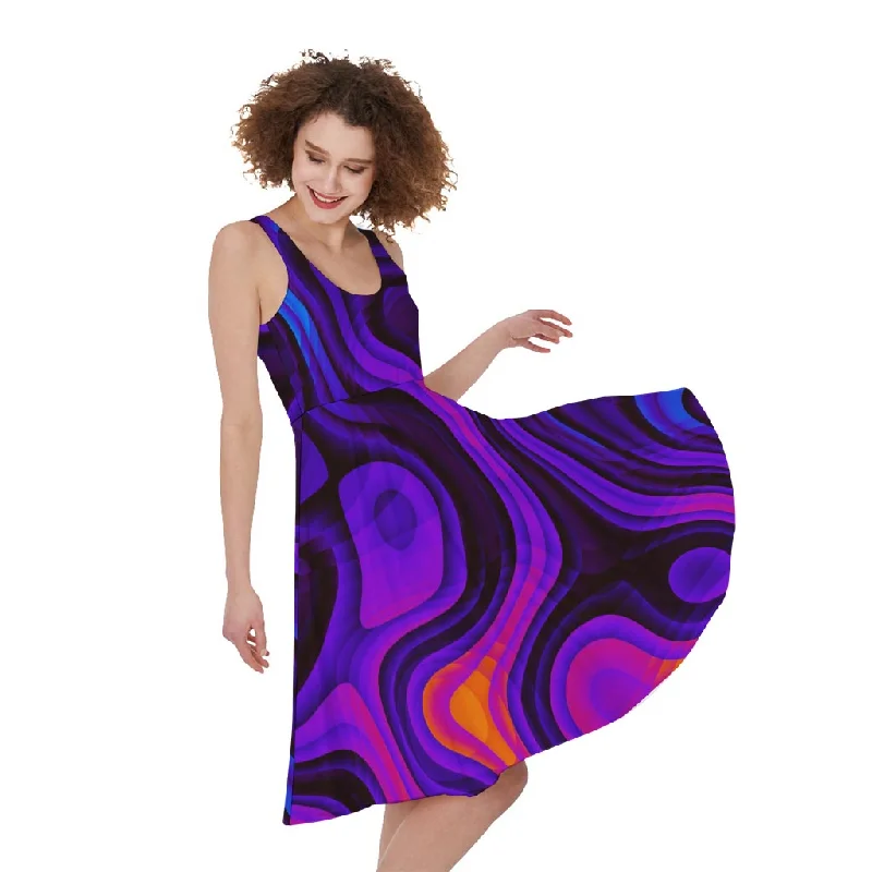 Dark Psychedelic Trippy Print Sleeveless Knee Length Dress Tunics Designer luxury