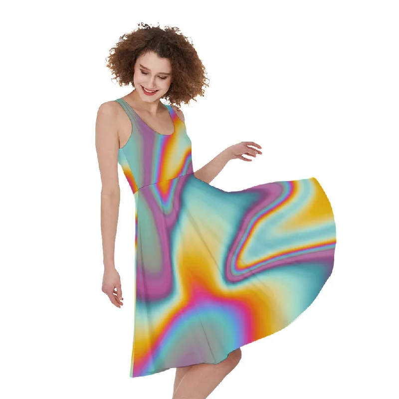 Liquid Holographic Trippy Print Sleeveless Knee Length Dress sweetheart Neckline Romantic Liquid Holographic Trippy Print Sleeveless Knee Length Dress sweetheart Neckline Romantic