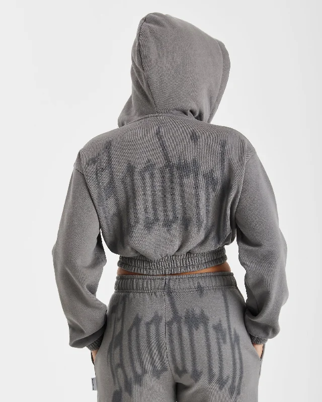 Tagra Cropped Zip Hoodie - Greys Hoodie with Drop Shoulder Relaxed Streetwear