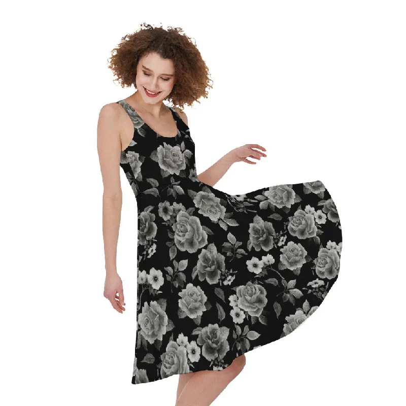 Monochrome Rose Floral Pattern Print Sleeveless Knee Length Dress Tunics Fashionable trendy Monochrome Rose Floral Pattern Print Sleeveless Knee Length Dress Tunics Fashionable trendy