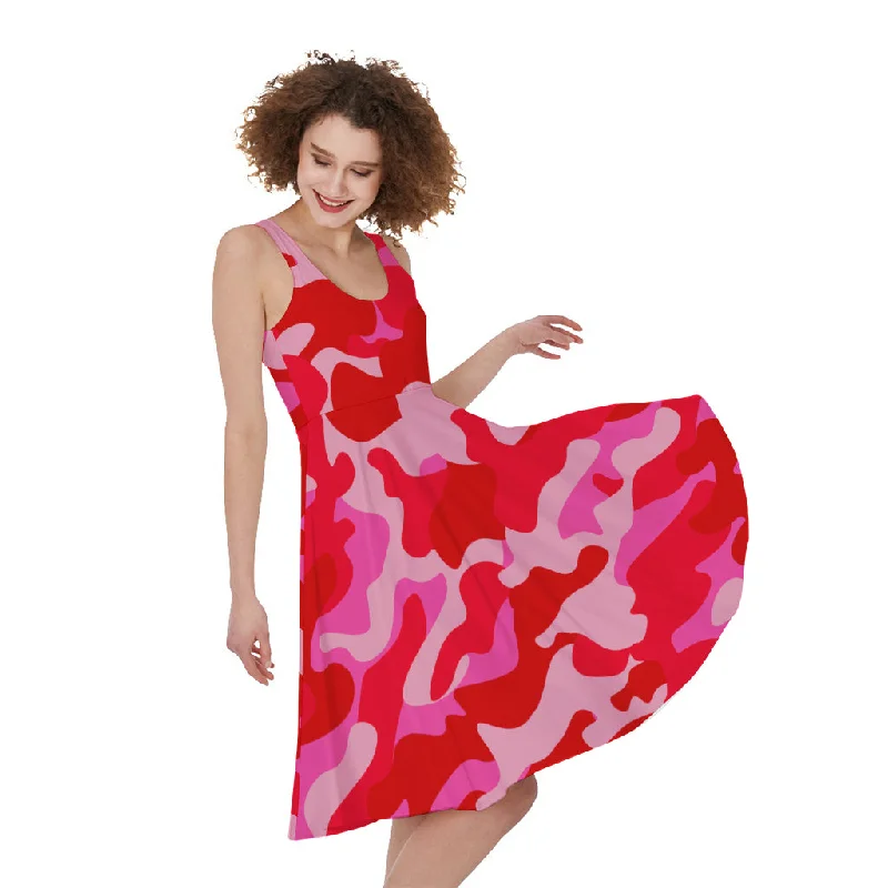 Hot Pink Camouflage Print Sleeveless Knee Length Dress Tunics Evening elegant