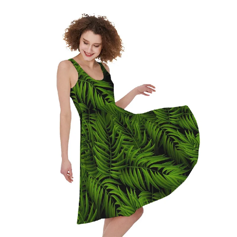 Night Tropical Palm Leaf Pattern Print Sleeveless Knee Length Dress Tunics Wedding white Night Tropical Palm Leaf Pattern Print Sleeveless Knee Length Dress Tunics Wedding white