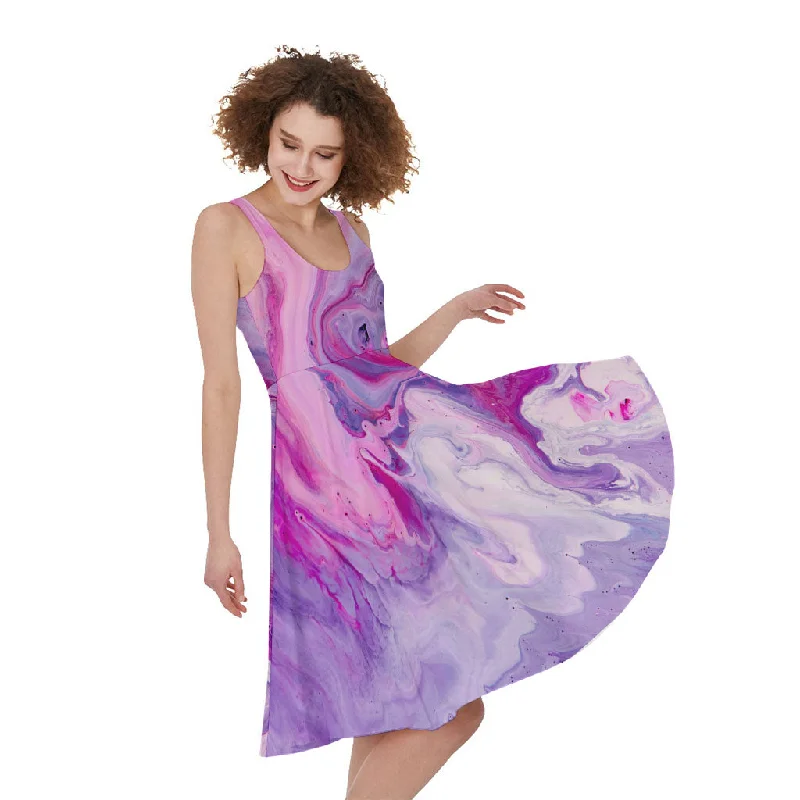 Purple Liquid Marble Print Sleeveless Knee Length Dress Tunics Trendy modern
