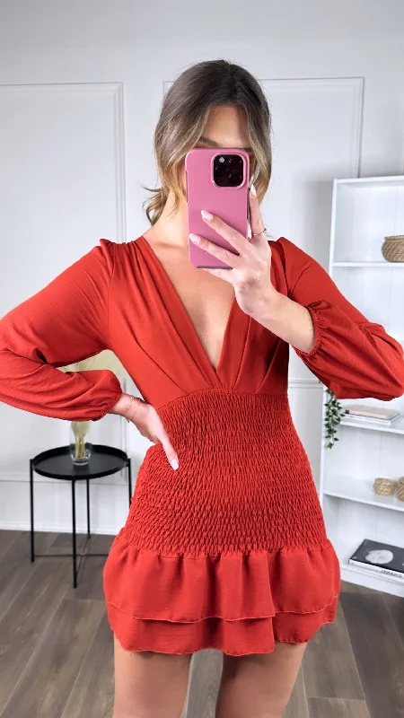 Seline Rust V Neckline Fitted Frill Detail Mini Dress Stylish Floral Print Mini Dress