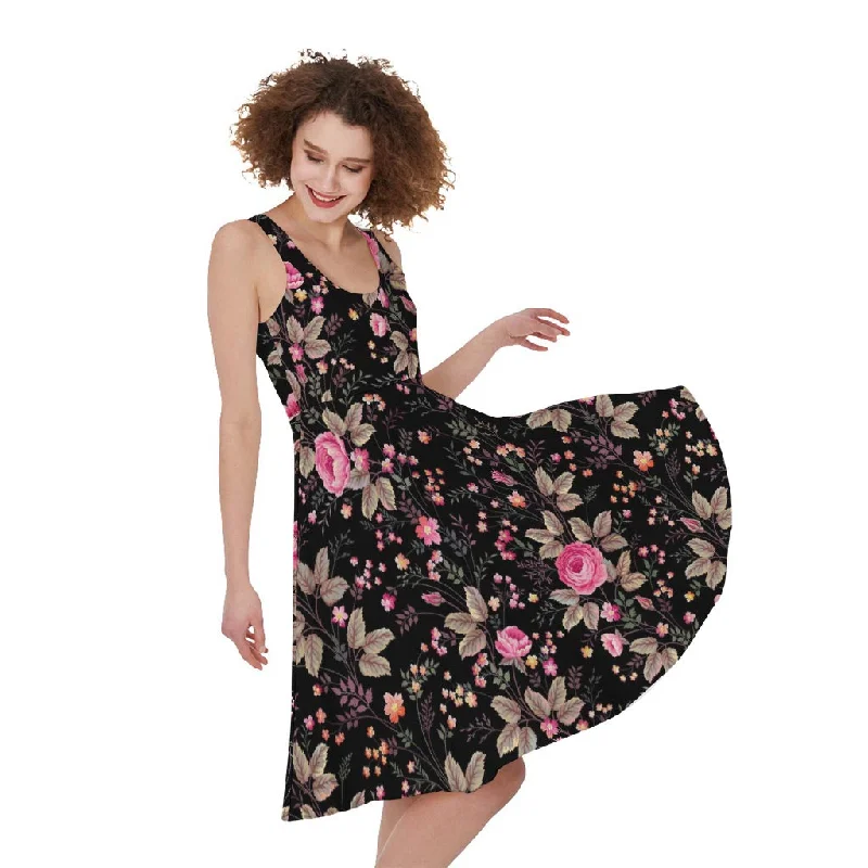 Pink Floral Flower Pattern Print Sleeveless Knee Length Dress Tunics Stylish elegant