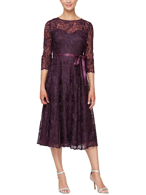 Womens Lace Mid Calf Evening Dress Tunics Silk luxurious