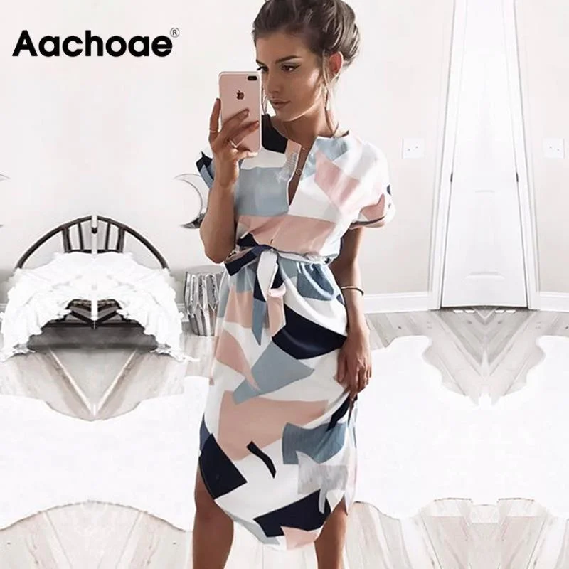 Aachoae 2020 Women Midi Party Dresses Geometric Print Summer Boho Beach Dress Loose Batwing Sleeve Dress Vestidos Plus Size Tunics Seasonal trendy
