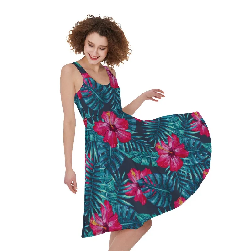 Hot Pink Hibiscus Tropical Pattern Print Sleeveless Knee Length Dress Tunics Travel practical Hot Pink Hibiscus Tropical Pattern Print Sleeveless Knee Length Dress Tunics Travel practical