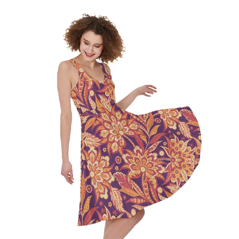 Orange Bohemian Floral Pattern Print Sleeveless Knee Length Dress Tunics Chinos classic Orange Bohemian Floral Pattern Print Sleeveless Knee Length Dress Tunics Chinos classic