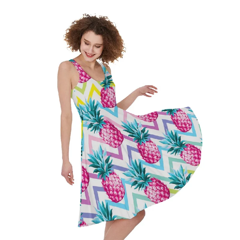 Neon Zig Zag Pineapple Pattern Print Sleeveless Knee Length Dress Tunics Winter warm