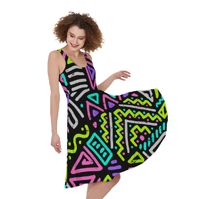 Neon Native Aztec Pattern Print Sleeveless Knee Length Dress Tunics Custom made
