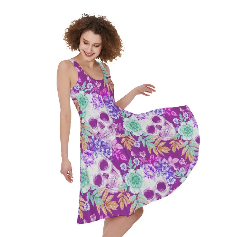 Neon Skull Floral Pattern Print Sleeveless Knee Length Dress Tunics Fall fleece