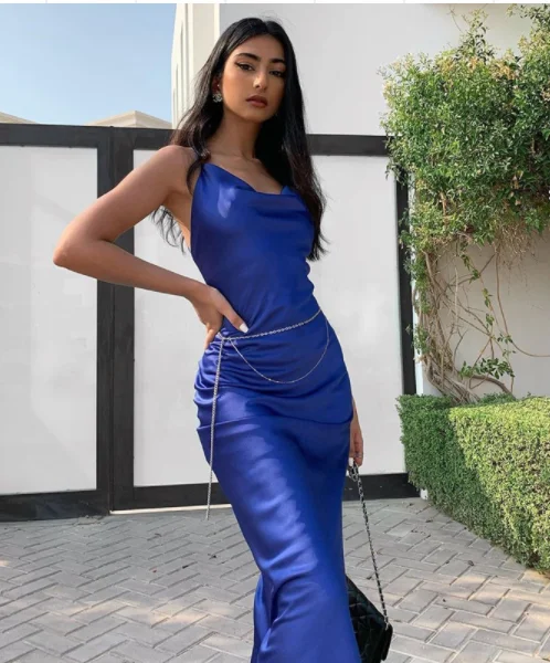 Sexy Spaghetti Strap Strap High Slit Party Dress Cowl Neckline Elegant