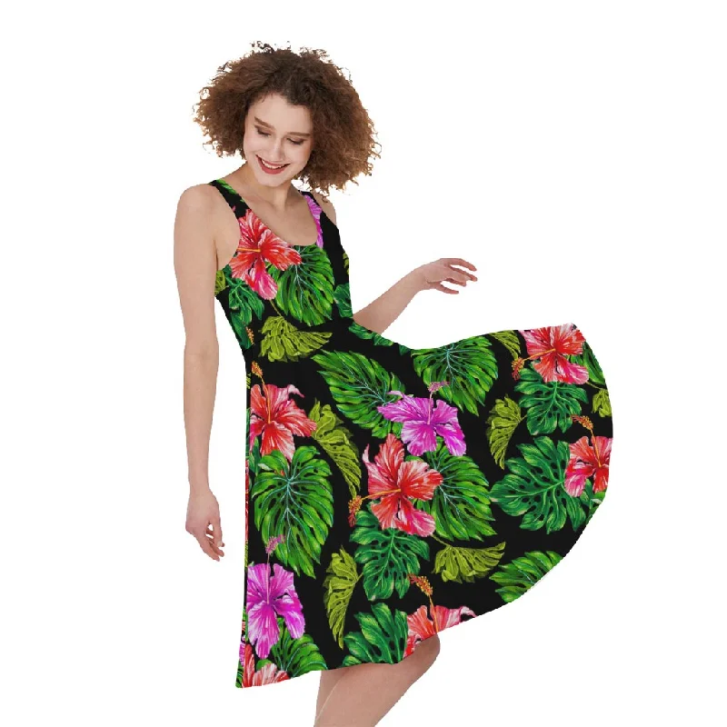 Monstera Hibiscus Hawaii Pattern Print Sleeveless Knee Length Dress Tunics Cozy comfortable Monstera Hibiscus Hawaii Pattern Print Sleeveless Knee Length Dress Tunics Cozy comfortable