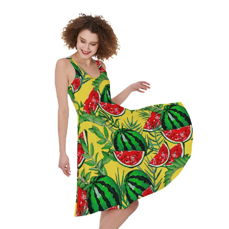 Leaf Watermelon Pieces Pattern Print Sleeveless Knee Length Dress Tunics Satin smooth Leaf Watermelon Pieces Pattern Print Sleeveless Knee Length Dress Tunics Satin smooth