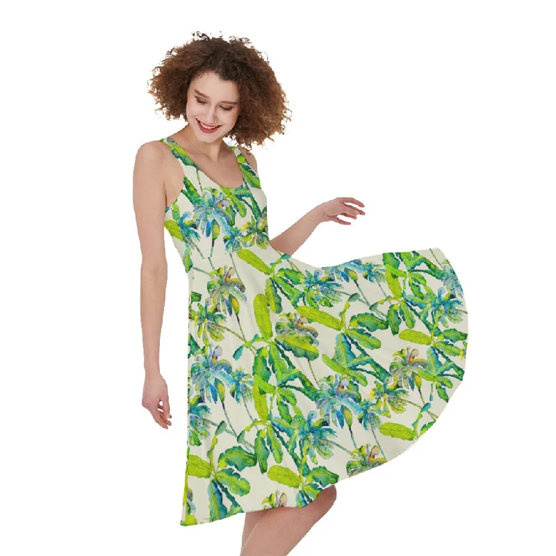 Palm Tree Banana Pattern Print Sleeveless Knee Length Dress Tunics Polka dots