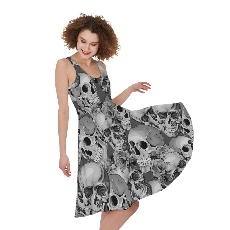 Monochrome Skull Flowers Pattern Print Sleeveless Knee Length Dress Tunics Practical durable Monochrome Skull Flowers Pattern Print Sleeveless Knee Length Dress Tunics Practical durable