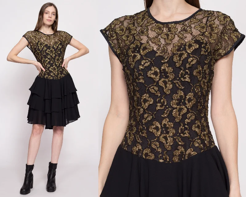 80s Black & Gold Party Dress - Medium Cowl Neckline Elegant