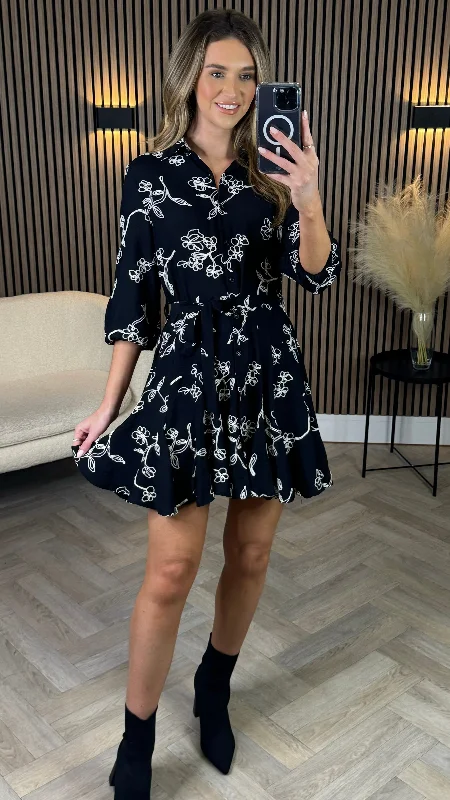 Cleo Black & White Floral Print Shirt Mini Dress Trendy Crossover Mini Dress