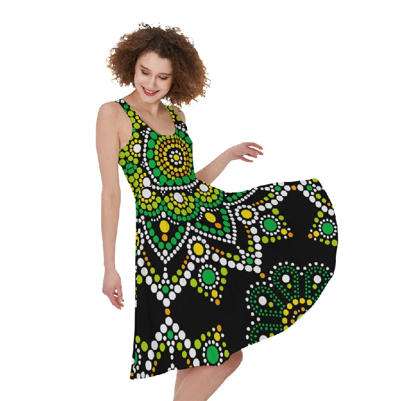 Green White Dot Mandala Print Sleeveless Knee Length Dress Tunics Short Trendy