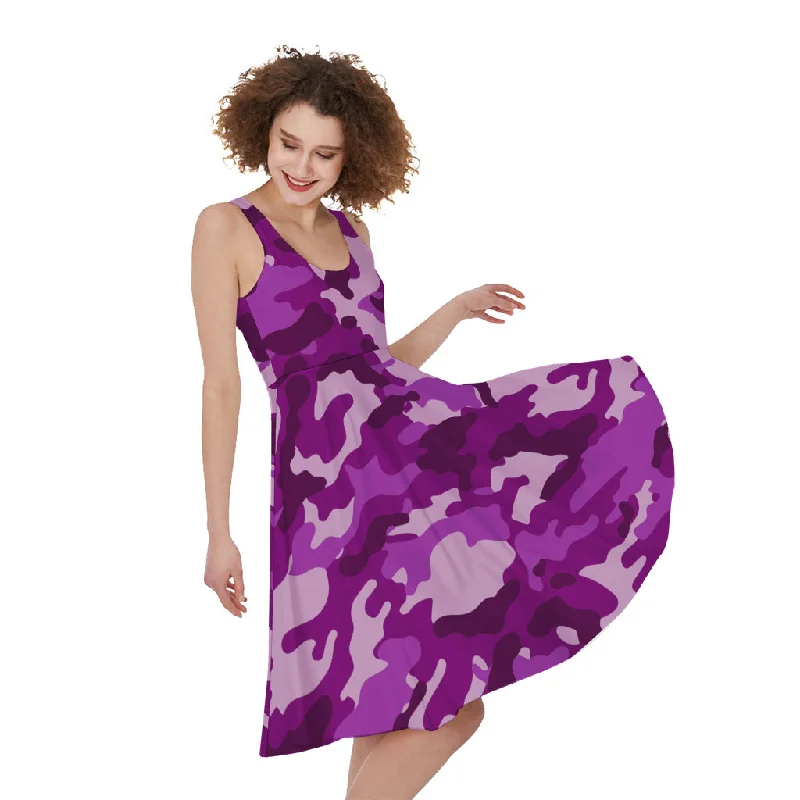 Dark Purple Camouflage Print Sleeveless Knee Length Dress Tunics Fall fleece