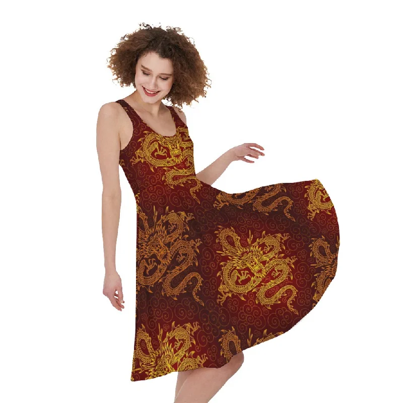 Gold Chinese Dragon Pattern Print Sleeveless Knee Length Dress Tunics Versatile functional Gold Chinese Dragon Pattern Print Sleeveless Knee Length Dress Tunics Versatile functional