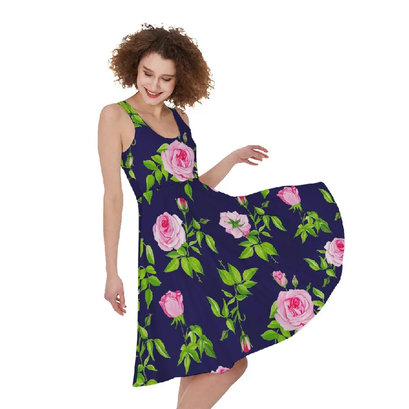 Pink Rose Floral Flower Pattern Print Sleeveless Knee Length Dress Tunics Prom sequined Pink Rose Floral Flower Pattern Print Sleeveless Knee Length Dress Tunics Prom sequined