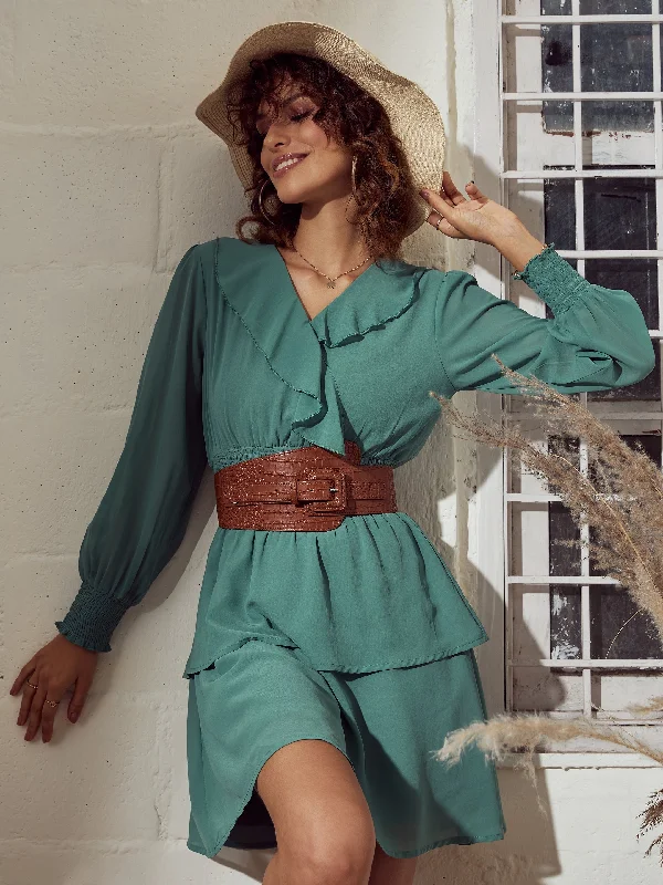 Lyush Women Sea Green Smoked Waist Flared Mini Dress Classic Solid Mini Dress