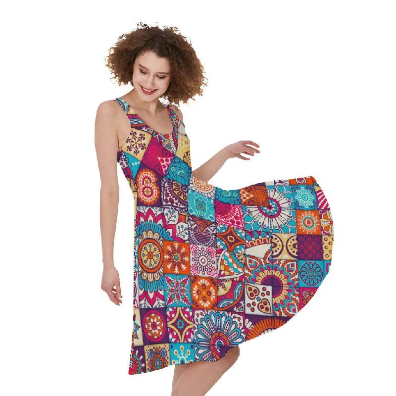 Ethnic Bohemian Mandala Pattern Print Sleeveless Knee Length Dress Tunic Top Casual