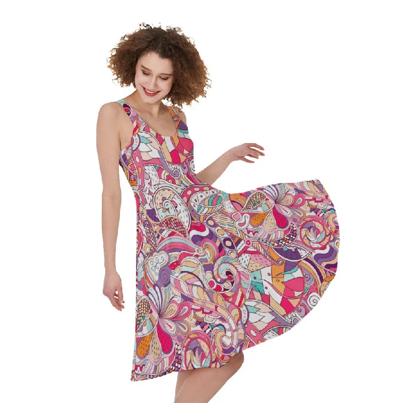 Pastel Bohemian Floral Pattern Print Sleeveless Knee Length Dress Turtleneck Neckline Stylish