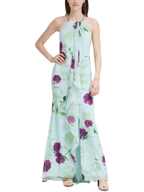 Womens Floral Print Halter Evening Dress Tunics Lace romantic