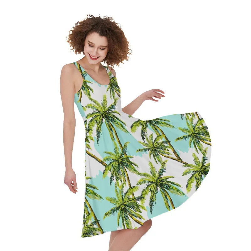 Palm Tree Tropical Pattern Print Sleeveless Knee Length Dress Tunics Print Colorful