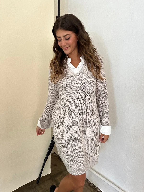 Needii Faith Grey Knit Collared Mini Dress Chic Bohemian Mini Dress