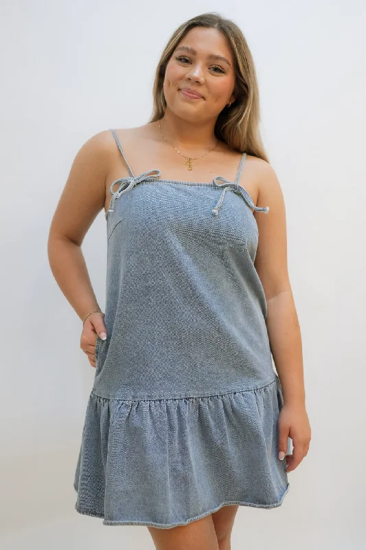 Denim Bow Mini Dress Comfortable Fit-and-Flare Mini Dress