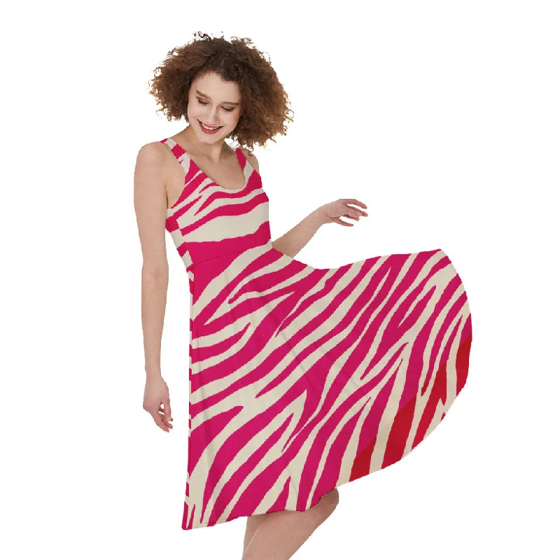 Hot Pink Zebra Pattern Print Sleeveless Knee Length Dress Tunics Leisure comfortable Hot Pink Zebra Pattern Print Sleeveless Knee Length Dress Tunics Leisure comfortable