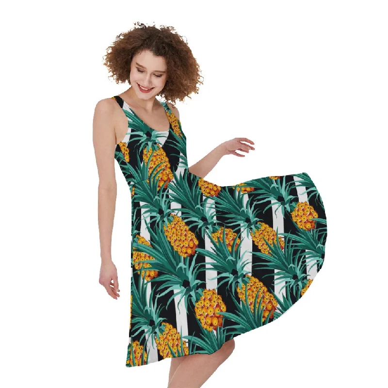 Pineapple Striped Pattern Print Sleeveless Knee Length Dress Tunics Cozy comfortable Pineapple Striped Pattern Print Sleeveless Knee Length Dress Tunics Cozy comfortable