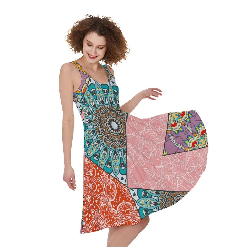 Patchwork Mandala Bohemian Pattern Print Sleeveless Knee Length Dress Tunics Luxurious high-end Patchwork Mandala Bohemian Pattern Print Sleeveless Knee Length Dress Tunics Luxurious high-end