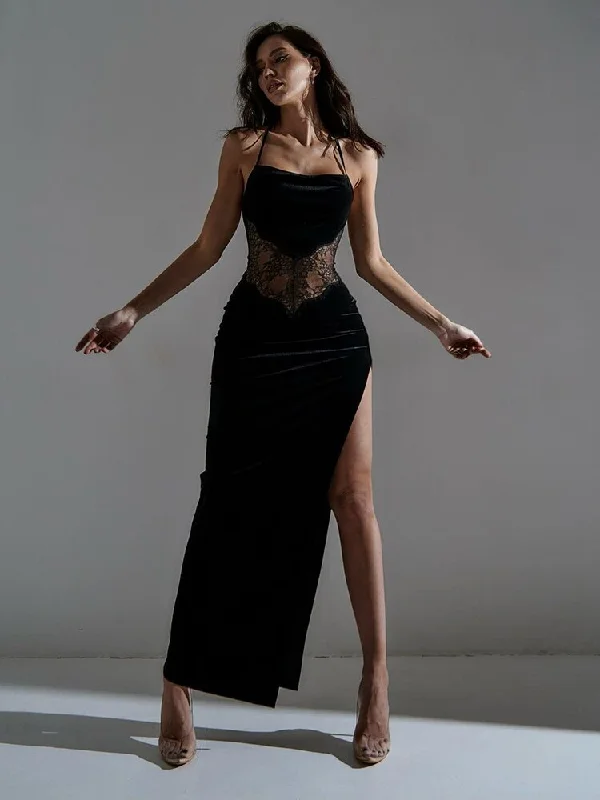 BerriesJam - Lace Patchwork High Split Long Party Dress Sequined Elegant Party