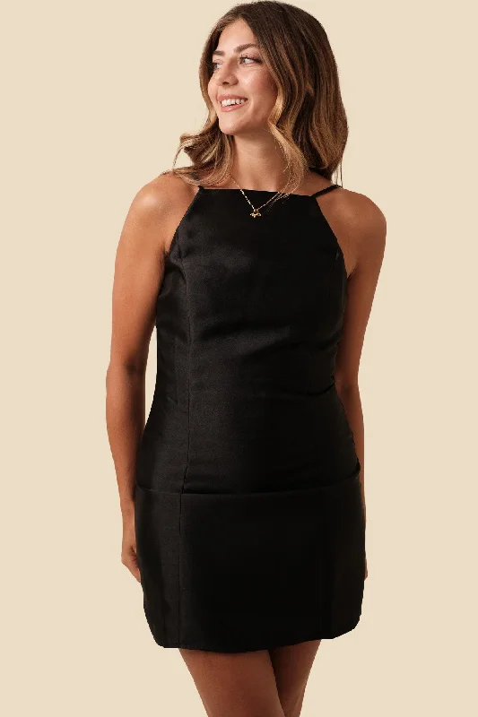 Needii Wendy Black Sheen Halter Mini Dress Fashionable Lace Mini Dress