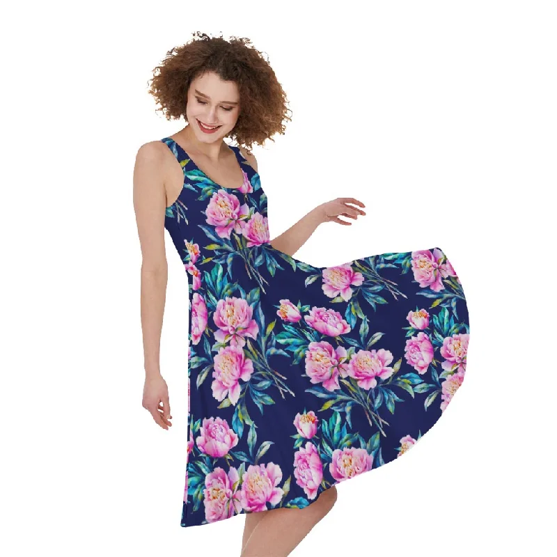 Pink Peony Floral Flower Pattern Print Sleeveless Knee Length Dress Tunics Summer linen Pink Peony Floral Flower Pattern Print Sleeveless Knee Length Dress Tunics Summer linen